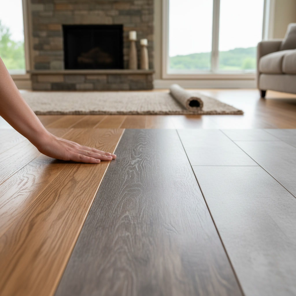 Hardwood laminate and vinyl flooring samples compared side by side for Rocky Hill homeowners