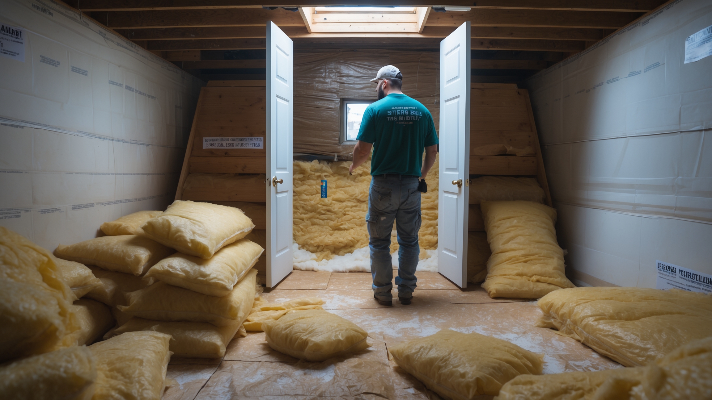 Deteriorating fiberglass insulation in attic showing age and compression