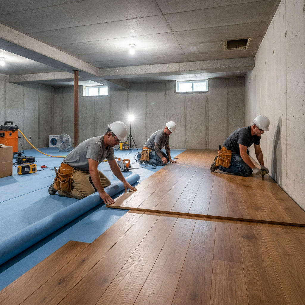 finished basement with moisture-resistant flooring in Connecticut home
