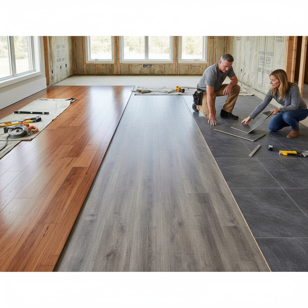 Professional flooring contractor comparing hardwood laminate and vinyl flooring samples in Rocky Hill Connecti