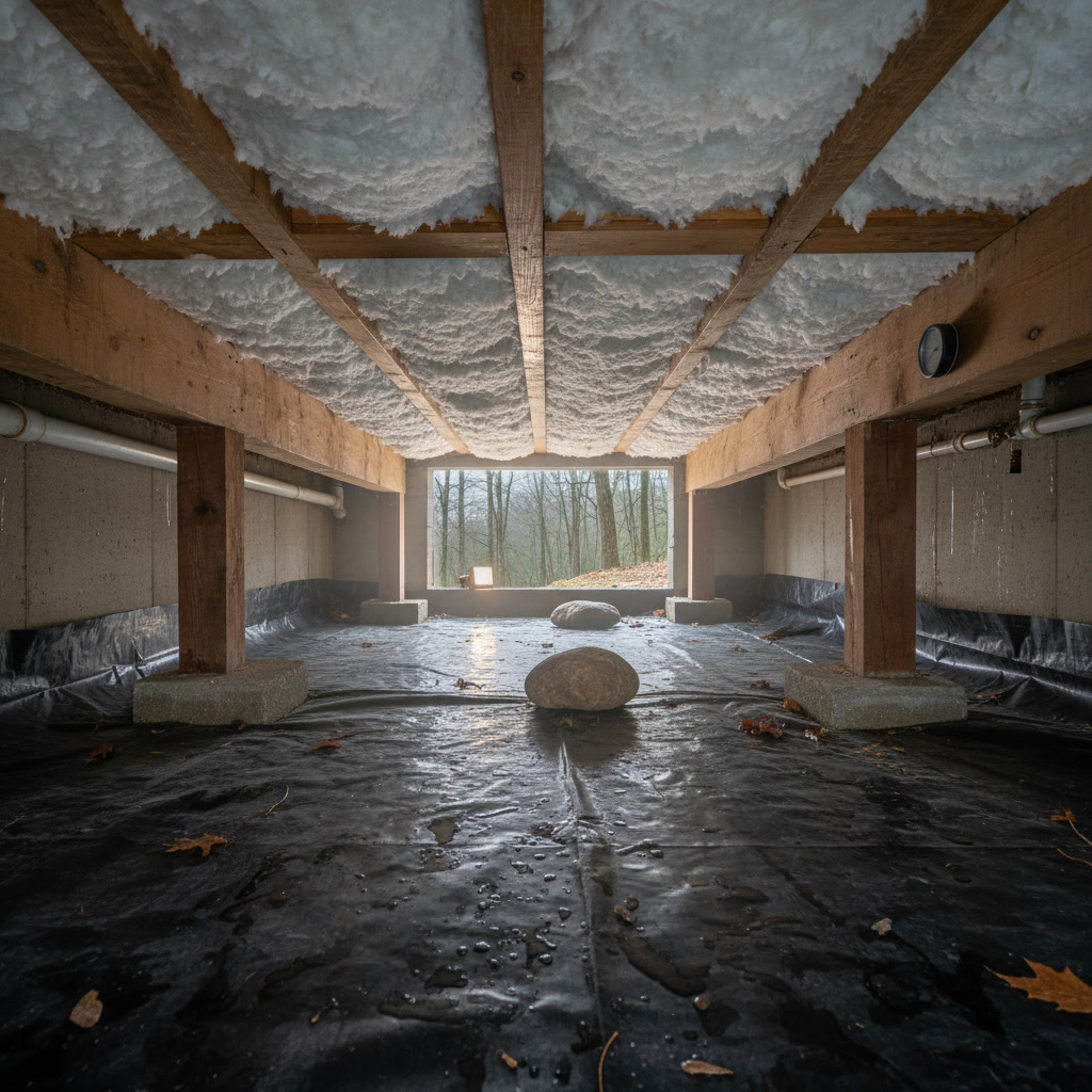Crawl space insulation installation in Portland Connecticut home