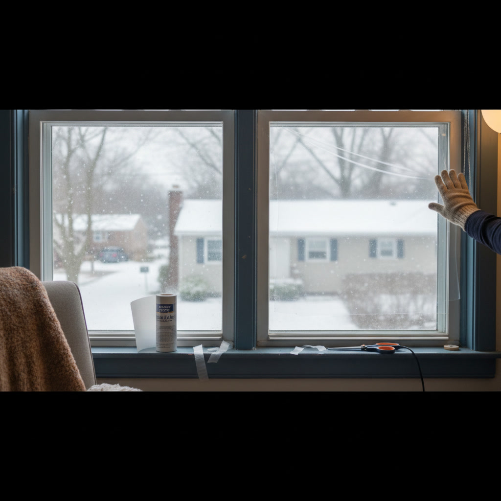 Professional installing window insulation weatherstripping in Hartford CT home