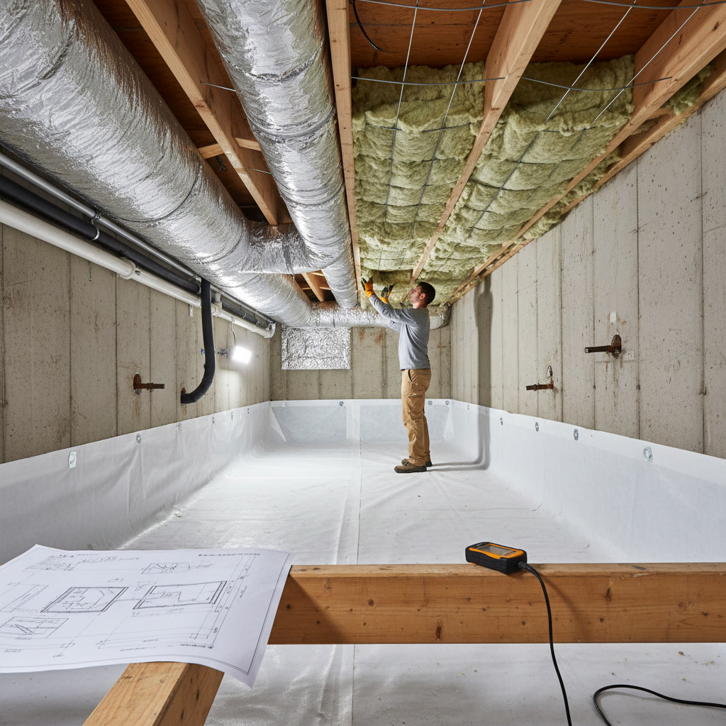 Crawl space insulation installation showing proper R-value materials in Connecticut home