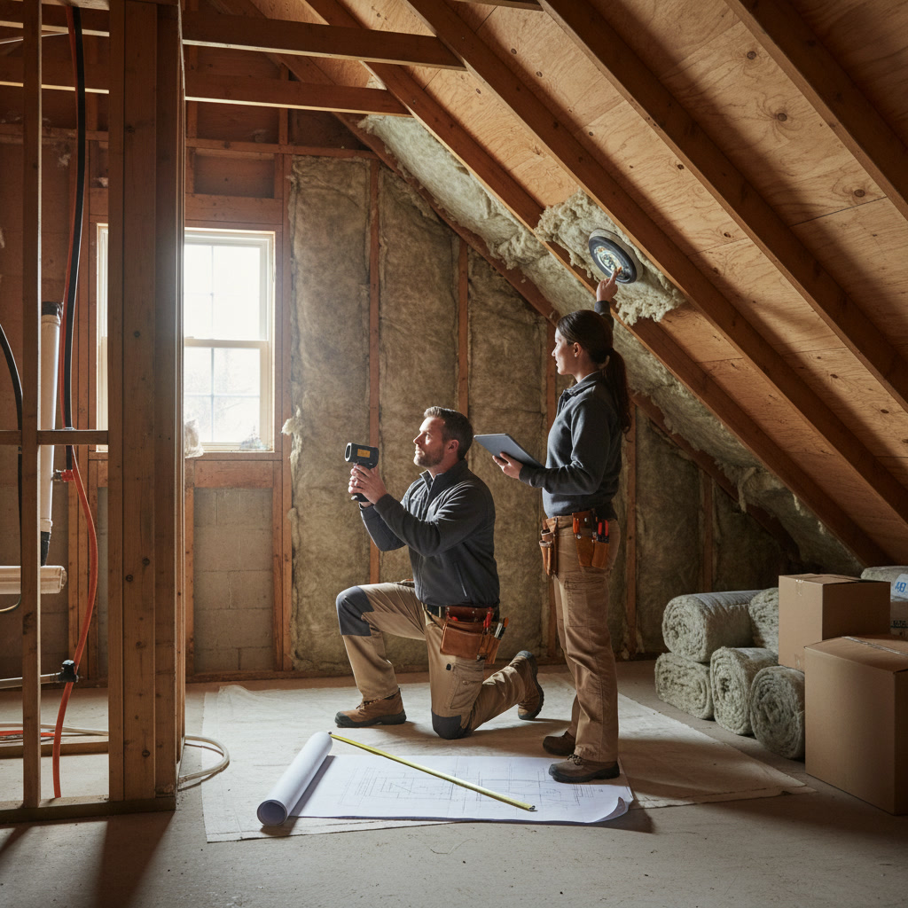 Insulation contractor inspecting attic space with flashlight during home assessment