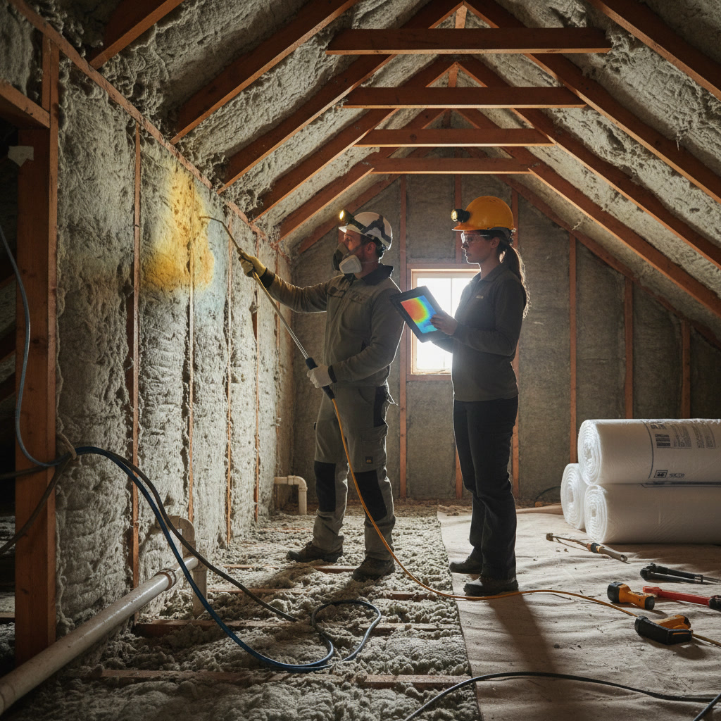 Professional contractor performing thermal inspection of home before whole home insulation project