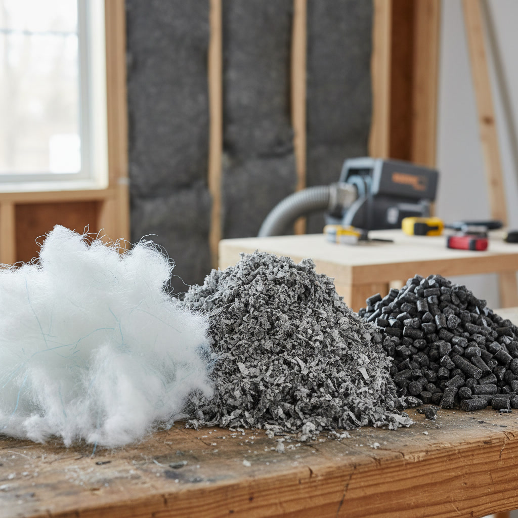 Loose cellulose insulation material being blown into an attic space
