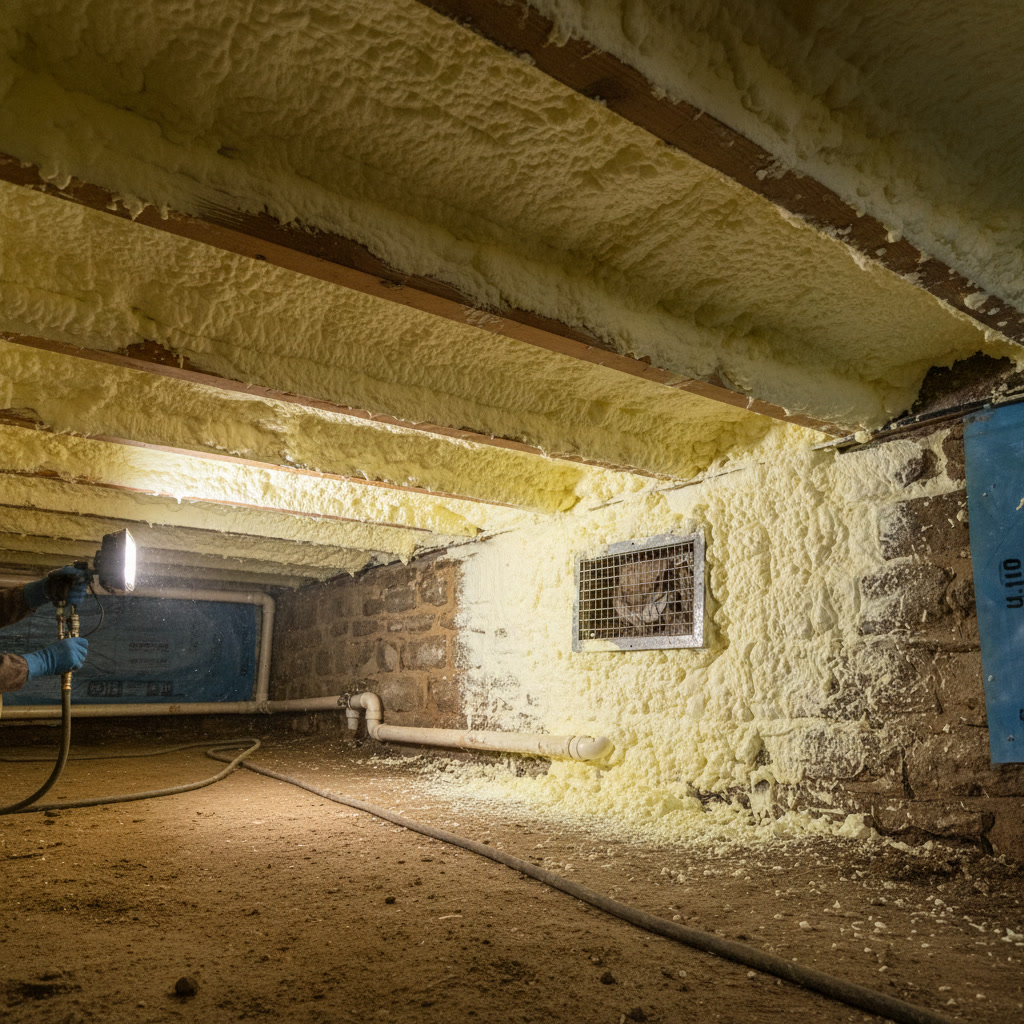 Properly sealed crawl space vapor barrier and insulated walls meeting Connecticut building codes