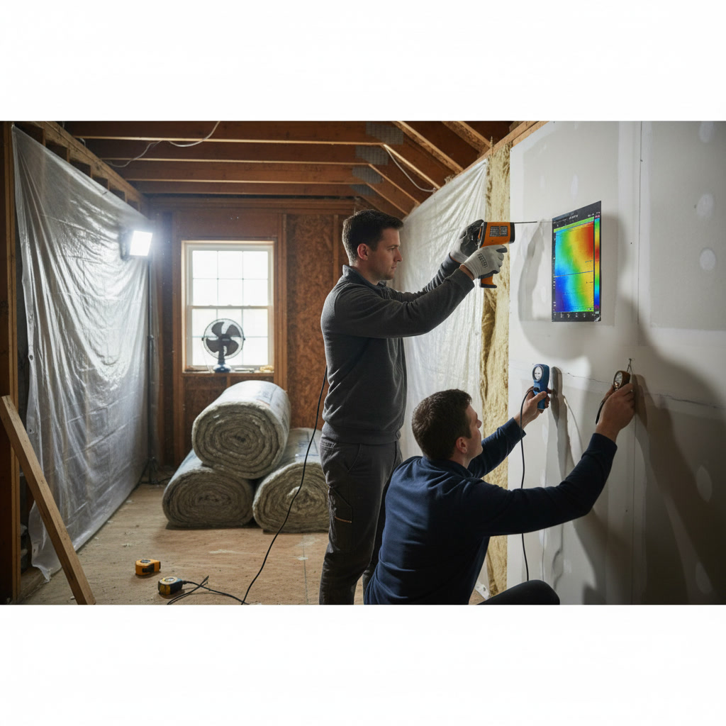 Measuring attic insulation depth with ruler to check performance