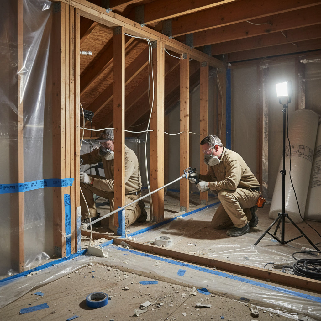 Contractor sealing air leaks before installing new insulation in attic space
