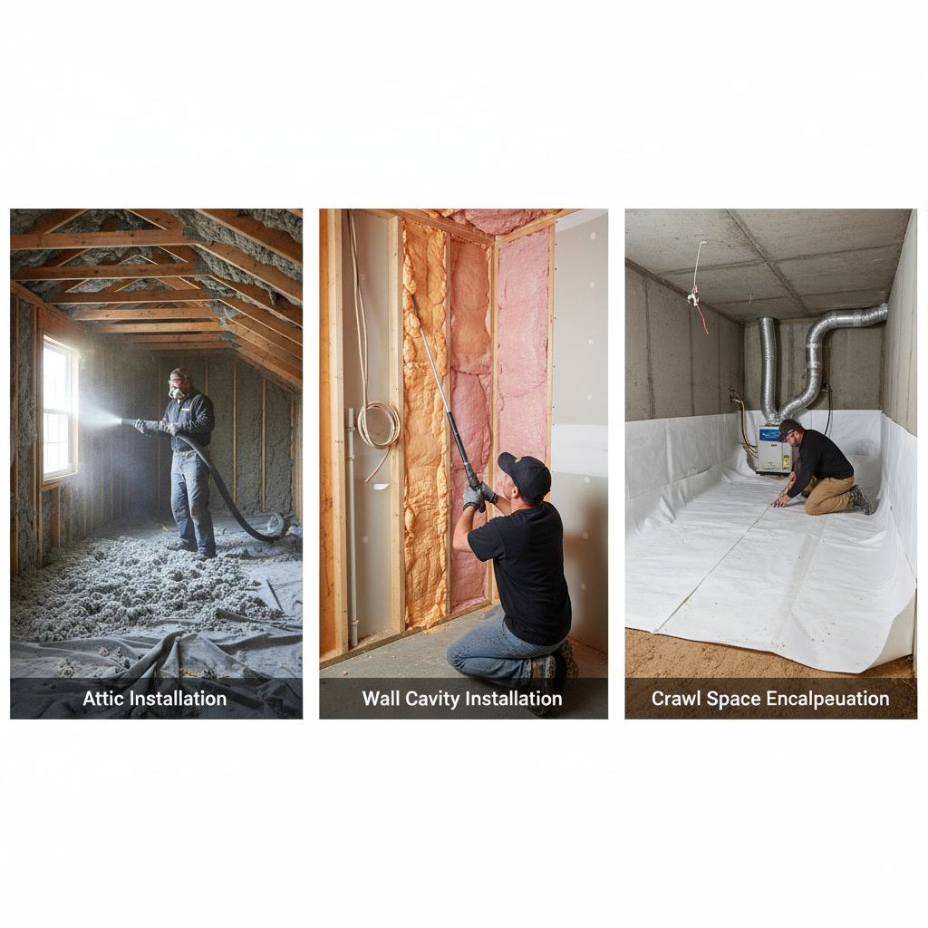 Insulation contractor installing thermal barrier material in attic space