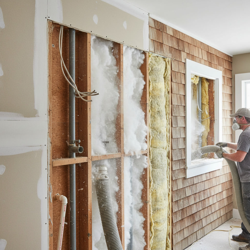 Contractor using specialized equipment to blow insulation into wall cavity through access hole