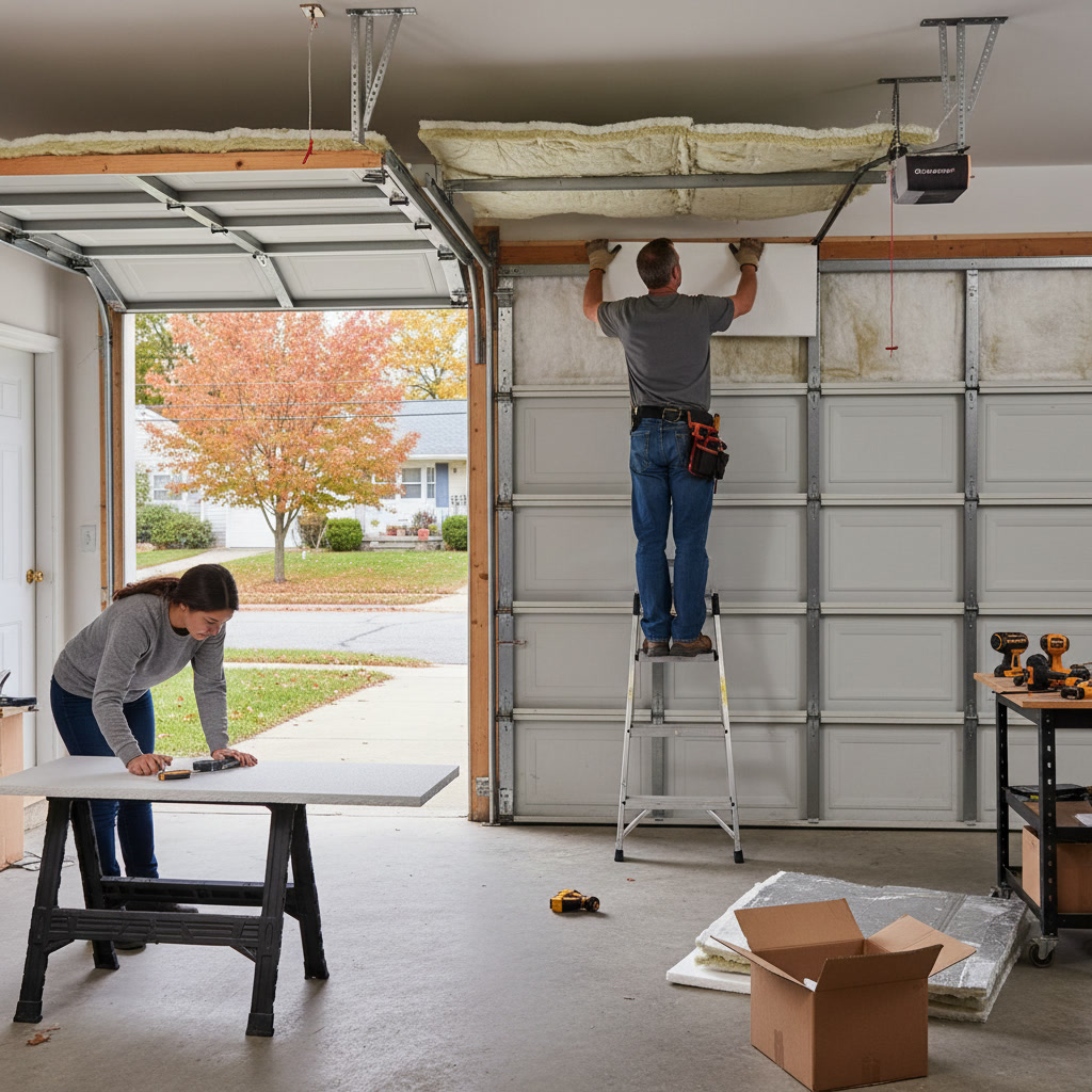 Professional installing polyurethane foam garage door insulation in Newington Connecticut