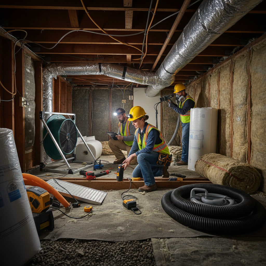 Professional insulation contractor taking measurements in attic space