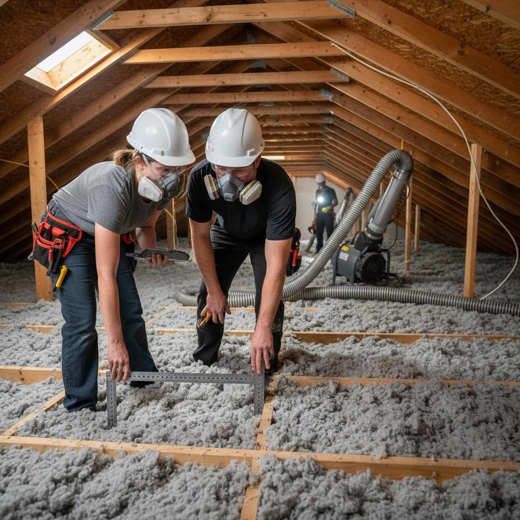Quality control inspection measuring insulation depth after professional installation