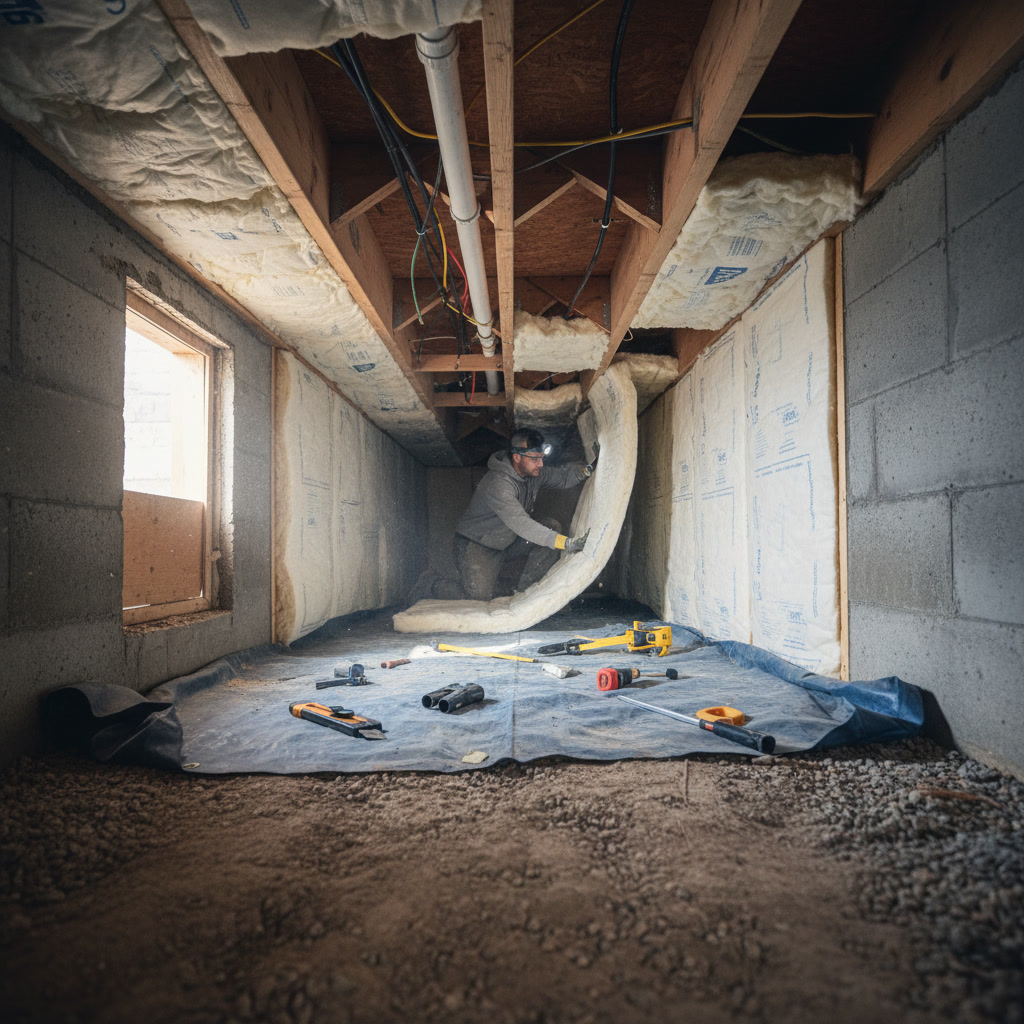 Crawl space insulation installation in Portland Connecticut home by professional contractor