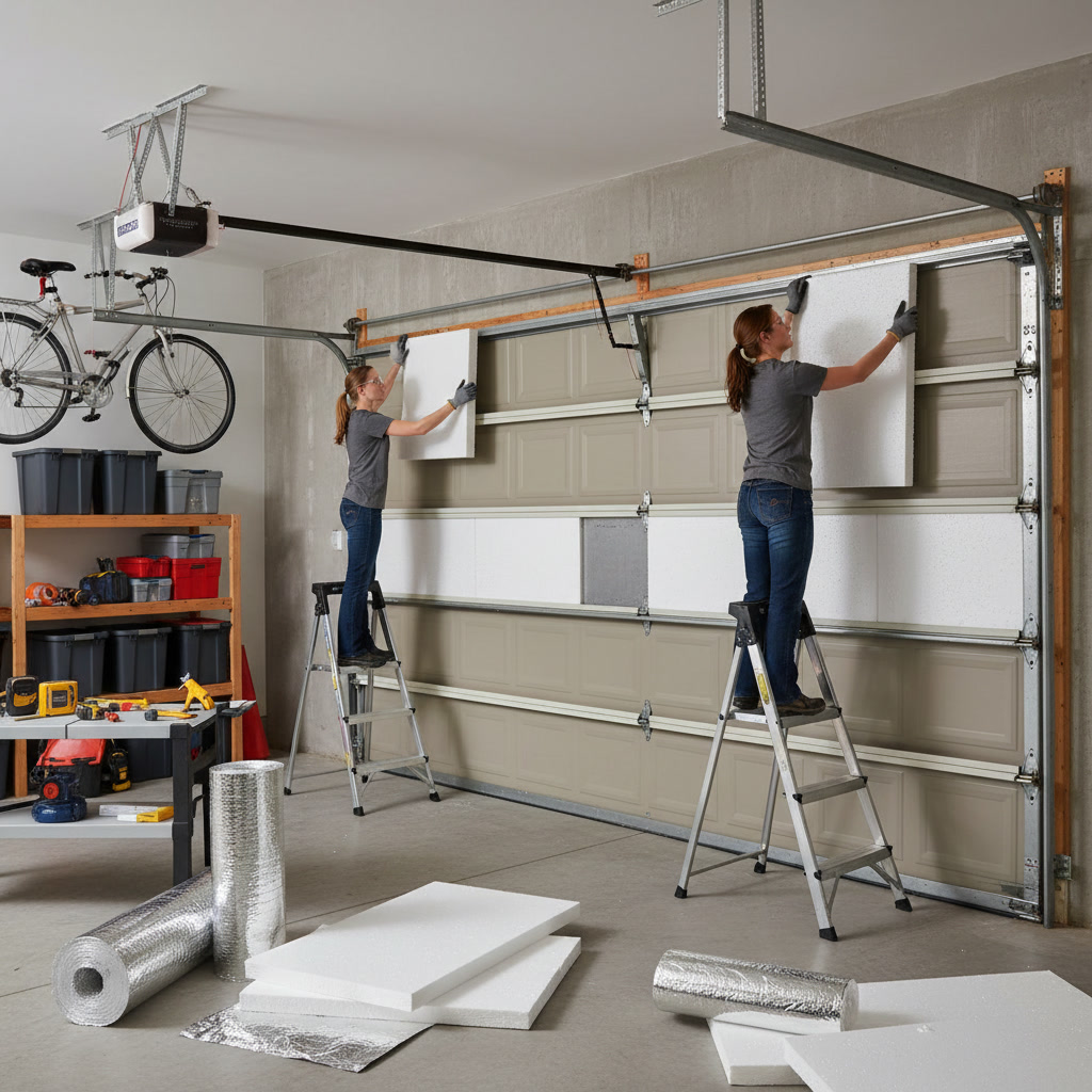 Garage door insulation installation in progress in Newington Connecticut residential home