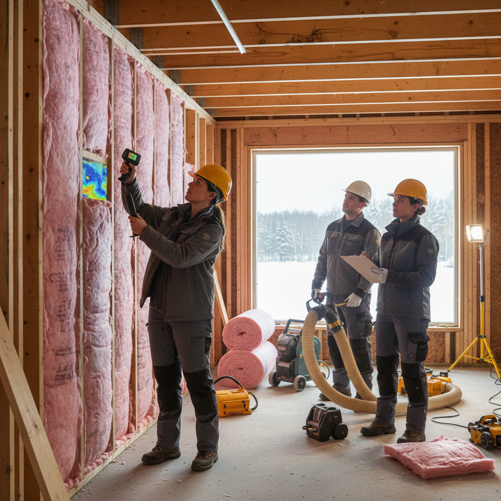 Professional insulation contractor conducting home assessment with clipboard and tools
