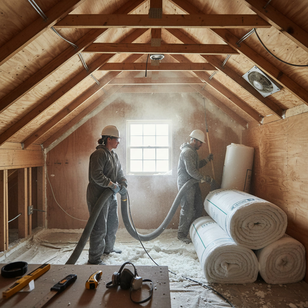 Professional insulation contractor installing thermal barrier in Connecticut home
