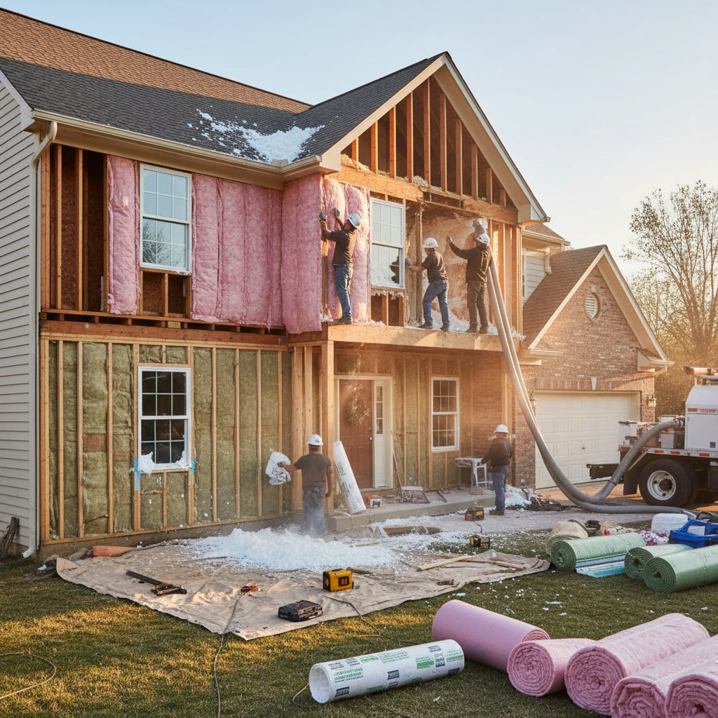 Professional insulation contractor installing blown-in insulation during whole home insulation project