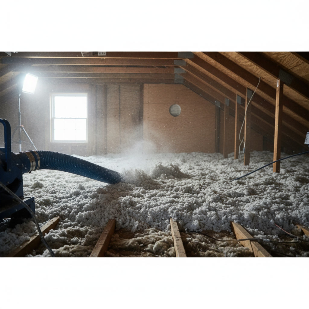 Professional insulation contractor installing blown-in insulation in residential attic