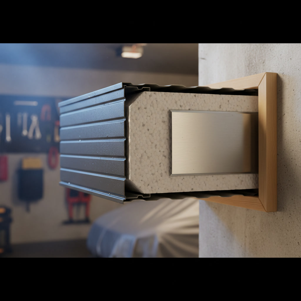 Cross-section diagram showing insulated door construction with foam core between panels