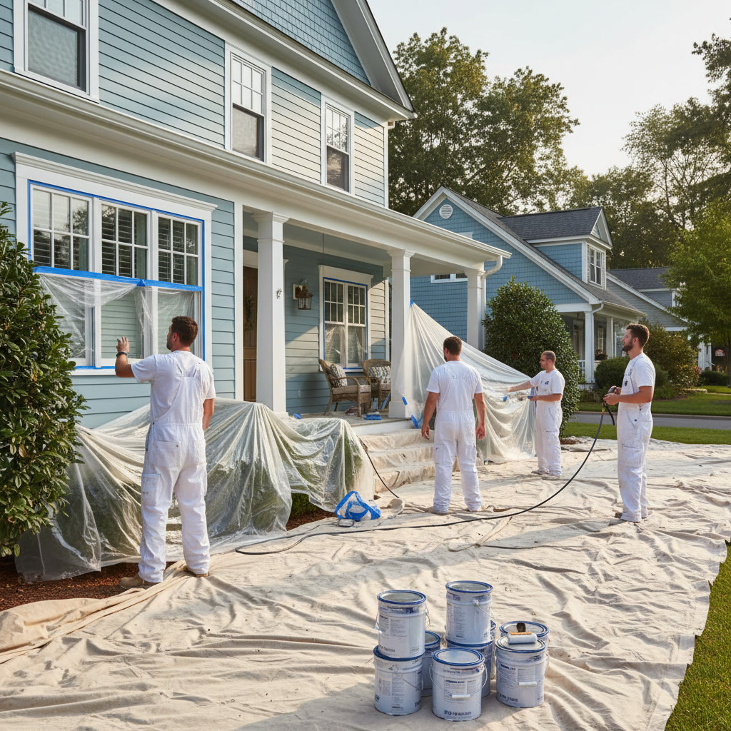 Professional painter carefully taping window trim and door frames before interior painting