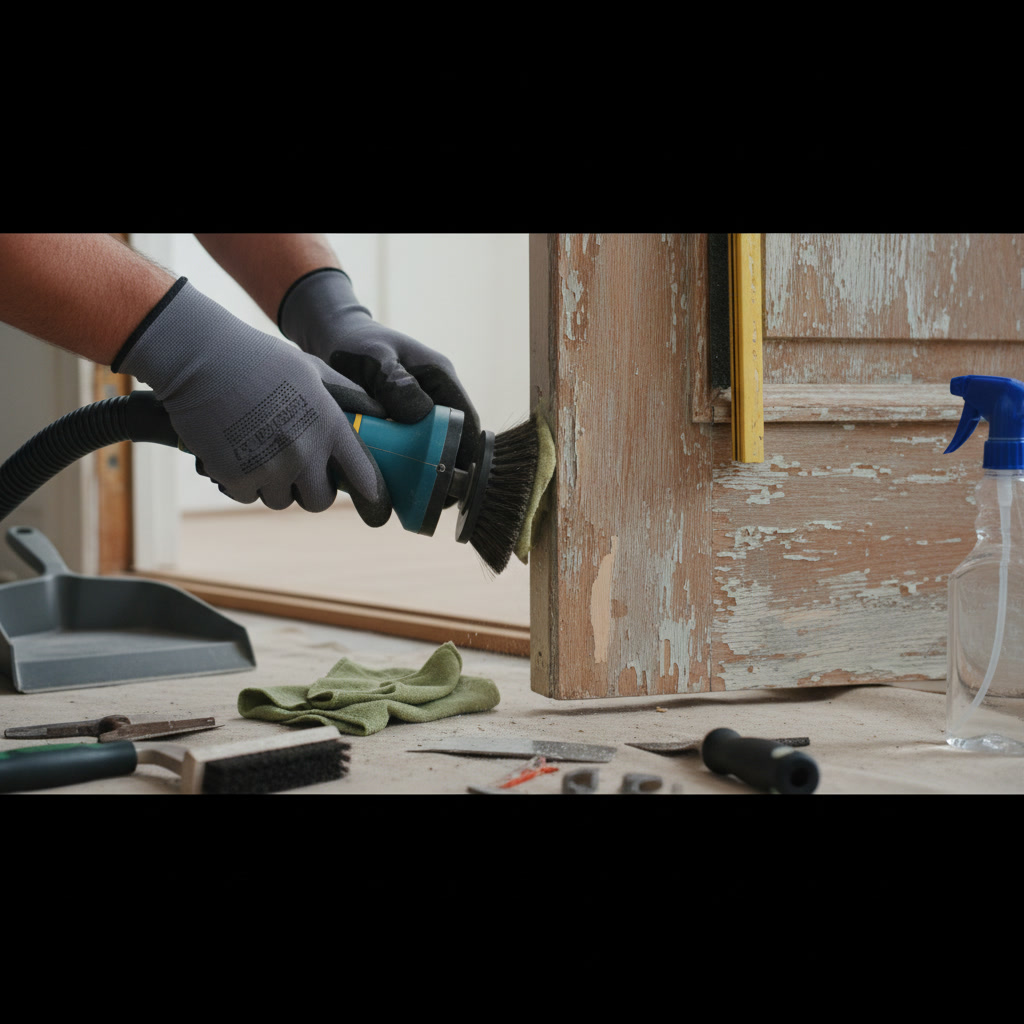 Technician installing weatherstripping on door frame with precision tools