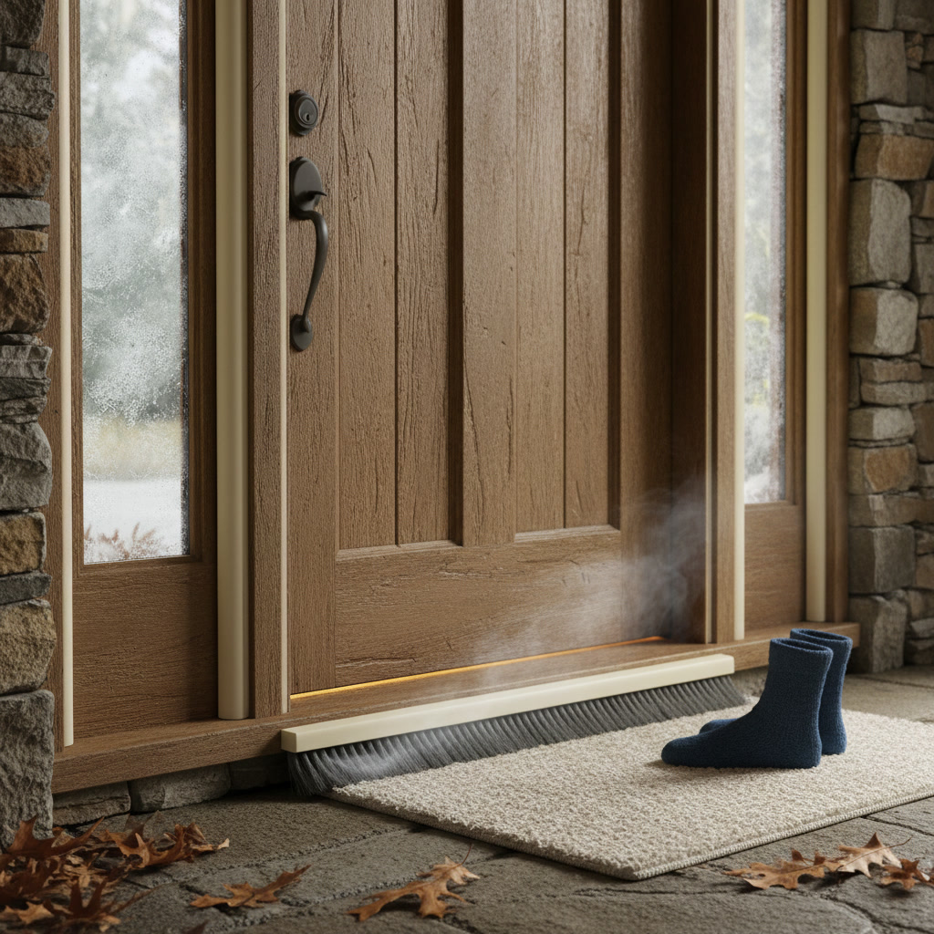 Professional installer applying weatherstripping to insulated exterior door frame