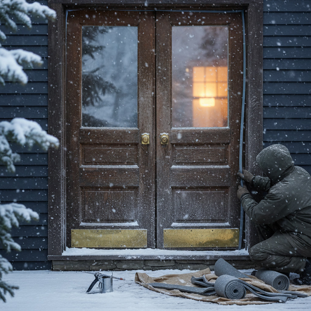 exterior door in winter showing ice and draft problems