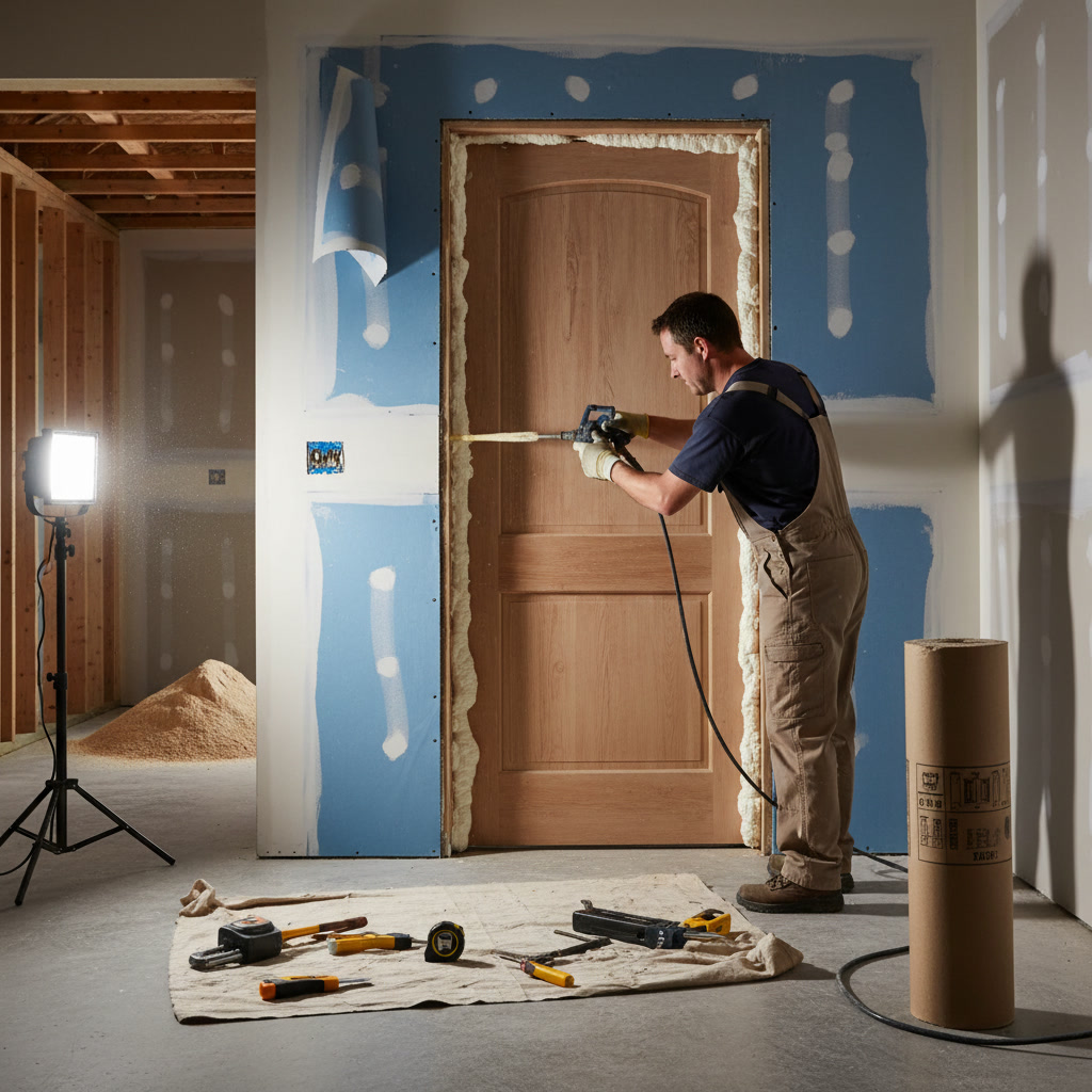 Professional technician installing door insulation weatherstripping on residential entrance door
