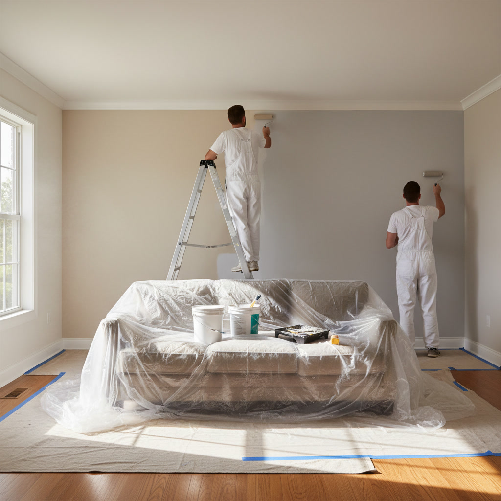 Professional interior painting contractor applying smooth wall coating in residential home