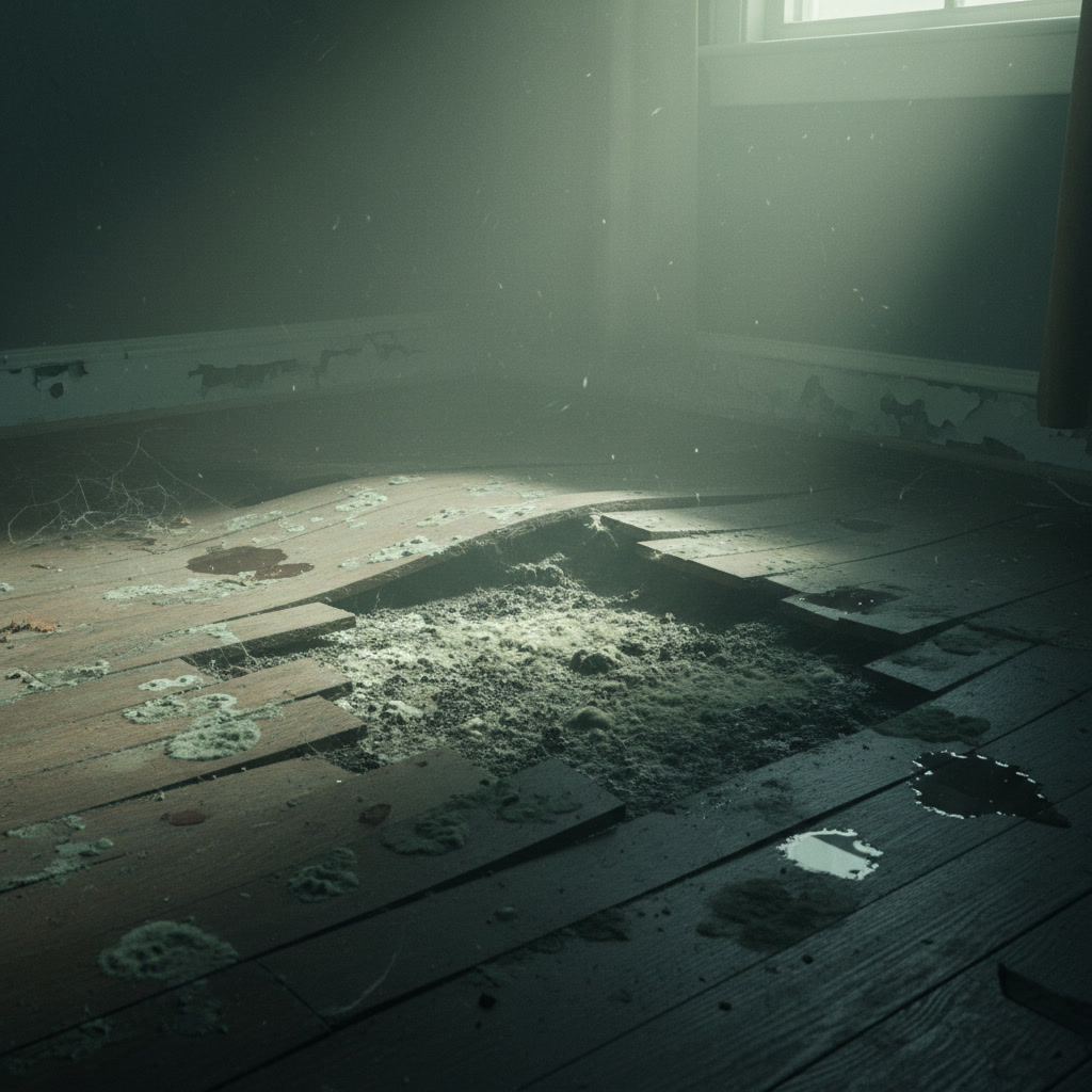 Comparison of worn damaged flooring next to freshly installed replacement flooring in residential space