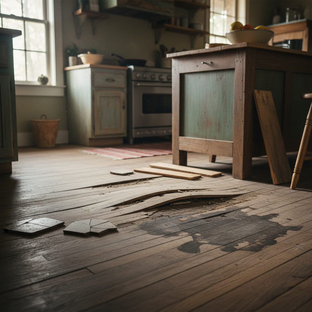 Damaged hardwood flooring showing water stains and warping that requires professional replacement